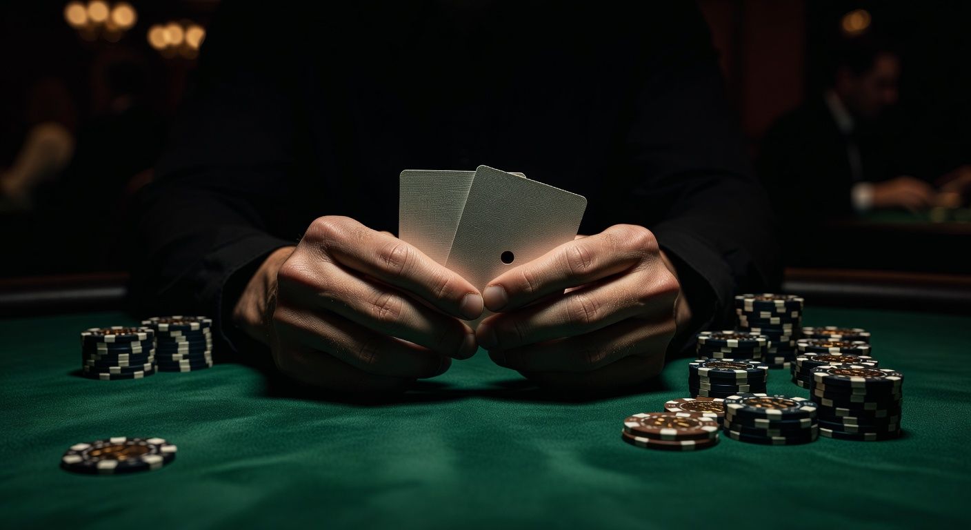 Close-up of a player's hands resting on a luxurious green baize poker table, tightly gripping a pair of <span class="glossary-term-inline" data-glossary-term="Hole Cards" data-glossary-def="Le tue due carte coperte.">hole cards</span>. The lighting is dramatic and shadowy, highlighting the tension in the hands and the premium <span class="glossary-term-inline" data-glossary-term="Texture" data-glossary-def="Com'è "fatto" il board. Se le carte sono vicine e dello stesso colore, la texture è "pesante" o "bagnata".">texture</span> of the cards and chips. High-end casino atmosphere, cinematic depth of field, no text or logos.