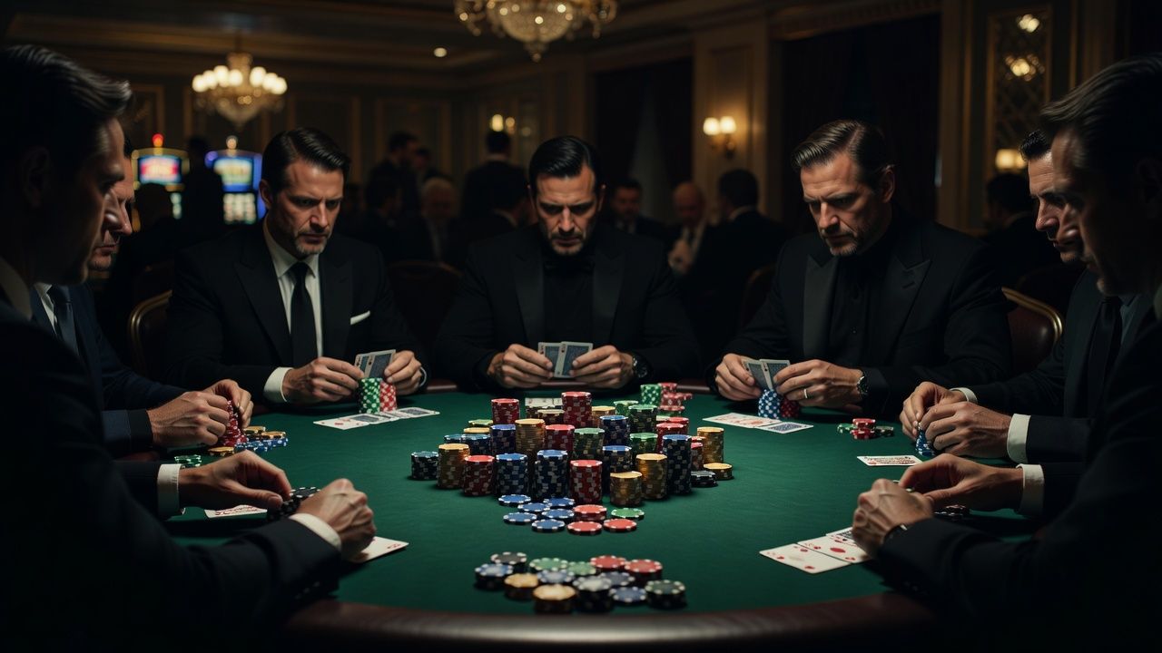 Cinematic shot of a high-stakes professional poker game in a luxury casino setting, large stacks of colorful chips on green felt table, dramatic moody lighting, focused atmospheric view, no text, no logos
