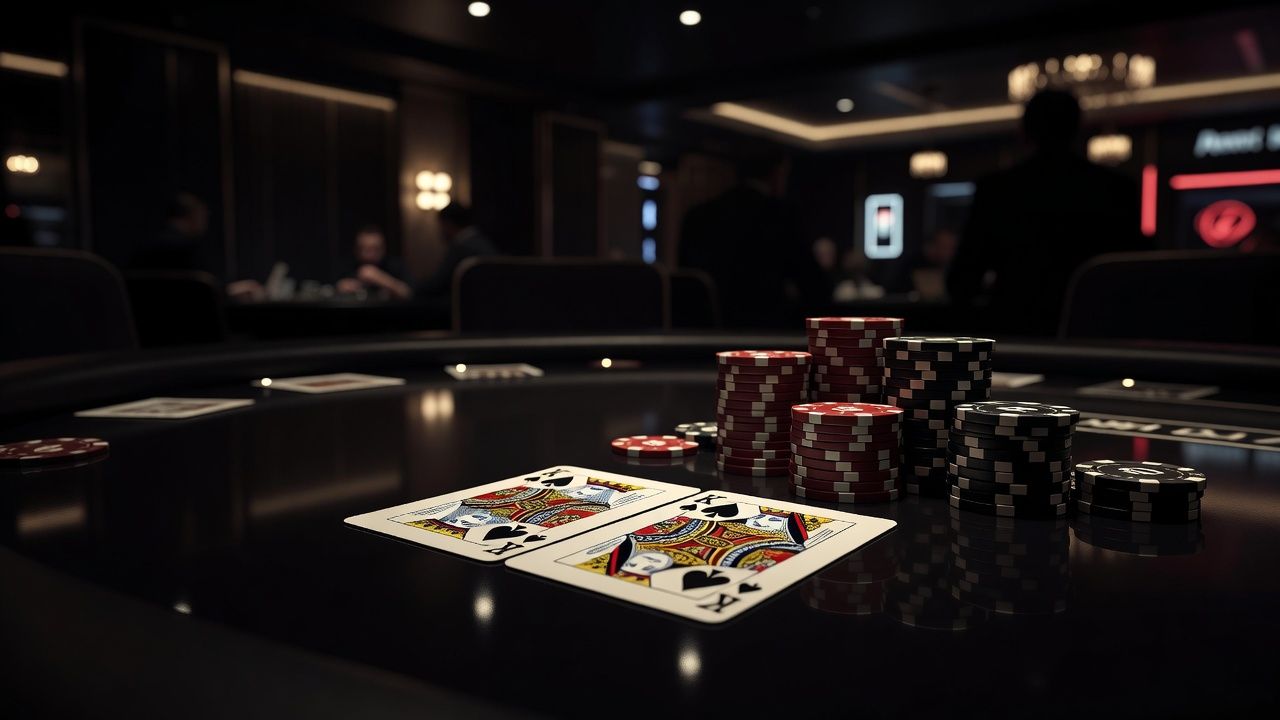 Close-up view of two suited <span class="glossary-term-inline" data-glossary-term="Connector" data-glossary-def="Due carte consecutive (es. 7-8). Ottime per fare scale.">connector</span> playing cards placed on a sleek dark poker table alongside stacks of high-value casino chips, elegant lighting, modern luxury casino ambiance, no text, no logos