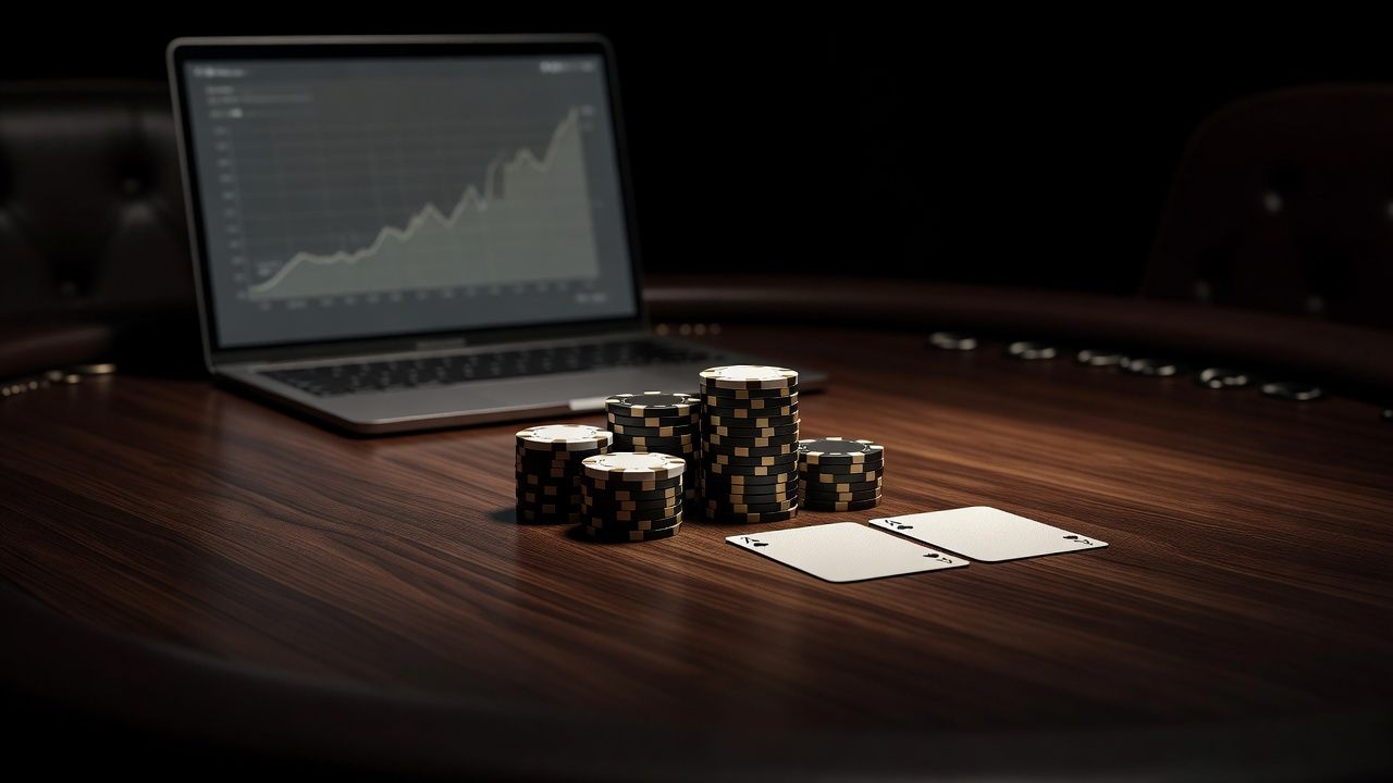 A cinematic high-angle shot of a luxurious poker table under soft spotlighting, featuring stacks of sleek ceramic chips, two pristine face-down playing cards, and an open high-end laptop displaying subtle, abstract strategy graphs in the blurred background. Dark wood textures, moody high-contrast atmosphere.