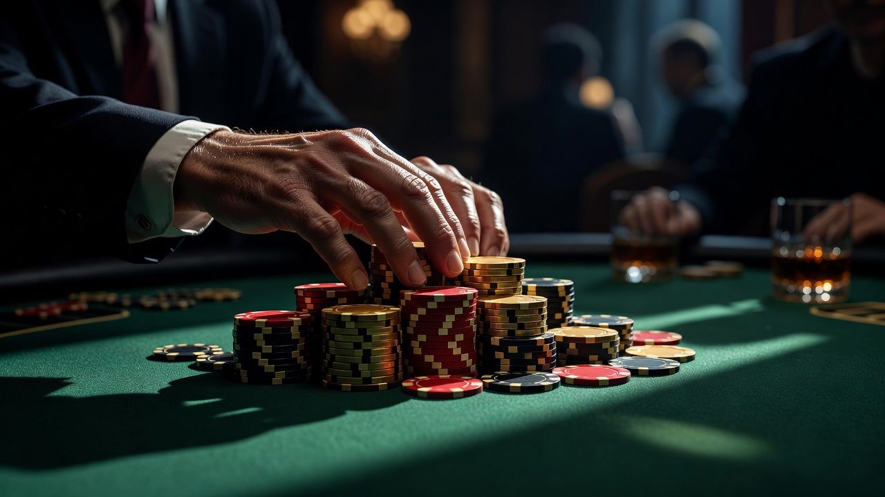 A close-up shot of a poker player's hands pushing a heavy stack of high-denomination casino chips into the pot on a green felt table. Dynamic lighting, dramatic shadows, luxury casino aesthetic, no text or logos visible.