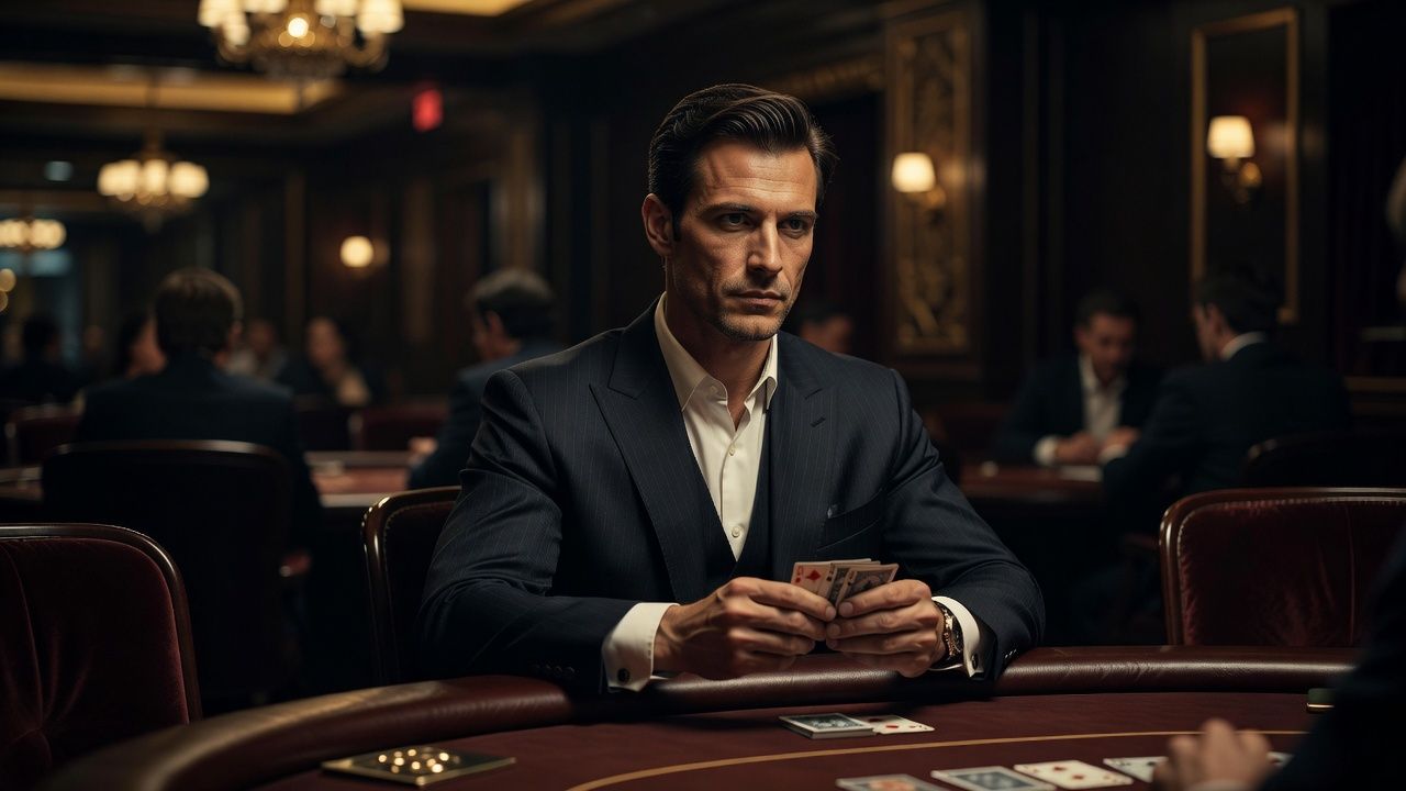 A calm, well-dressed poker player in a sleek <span class="glossary-term-inline" data-glossary-term="Suit" data-glossary-def="Il seme della carta (Cuori, Quadri, Fiori, Picche).">suit</span> sitting at an exclusive VIP poker table, maintaining composure while holding cards, cinematic warm lighting, elegant luxury casino background with soft bokeh, no text or logos.