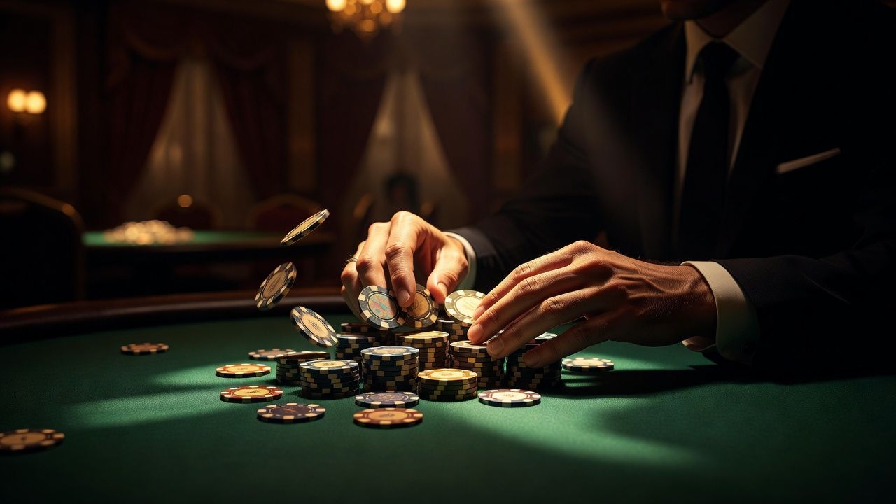 Close-up shot of a sophisticated poker player expertly performing a chip shuffle with high-value casino chips on green felt, dramatic warm spot lighting, luxury casino environment, cinematic style.