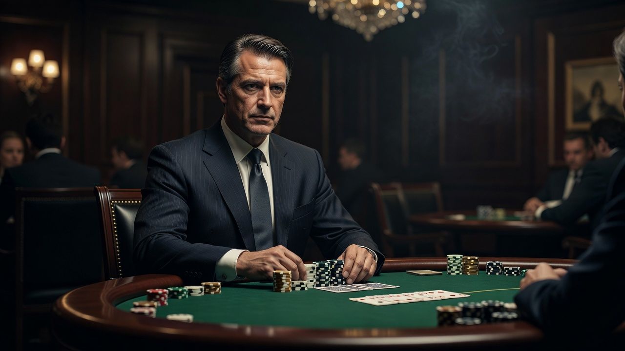 A calm and composed professional poker player seated at an elegant poker table in a luxury cardroom, wearing a dark <span class="glossary-term-inline" data-glossary-term="Suit" data-glossary-def="Il seme della carta (Cuori, Quadri, Fiori, Picche).">suit</span>, stoic expression and intense focus, dim atmospheric lighting.