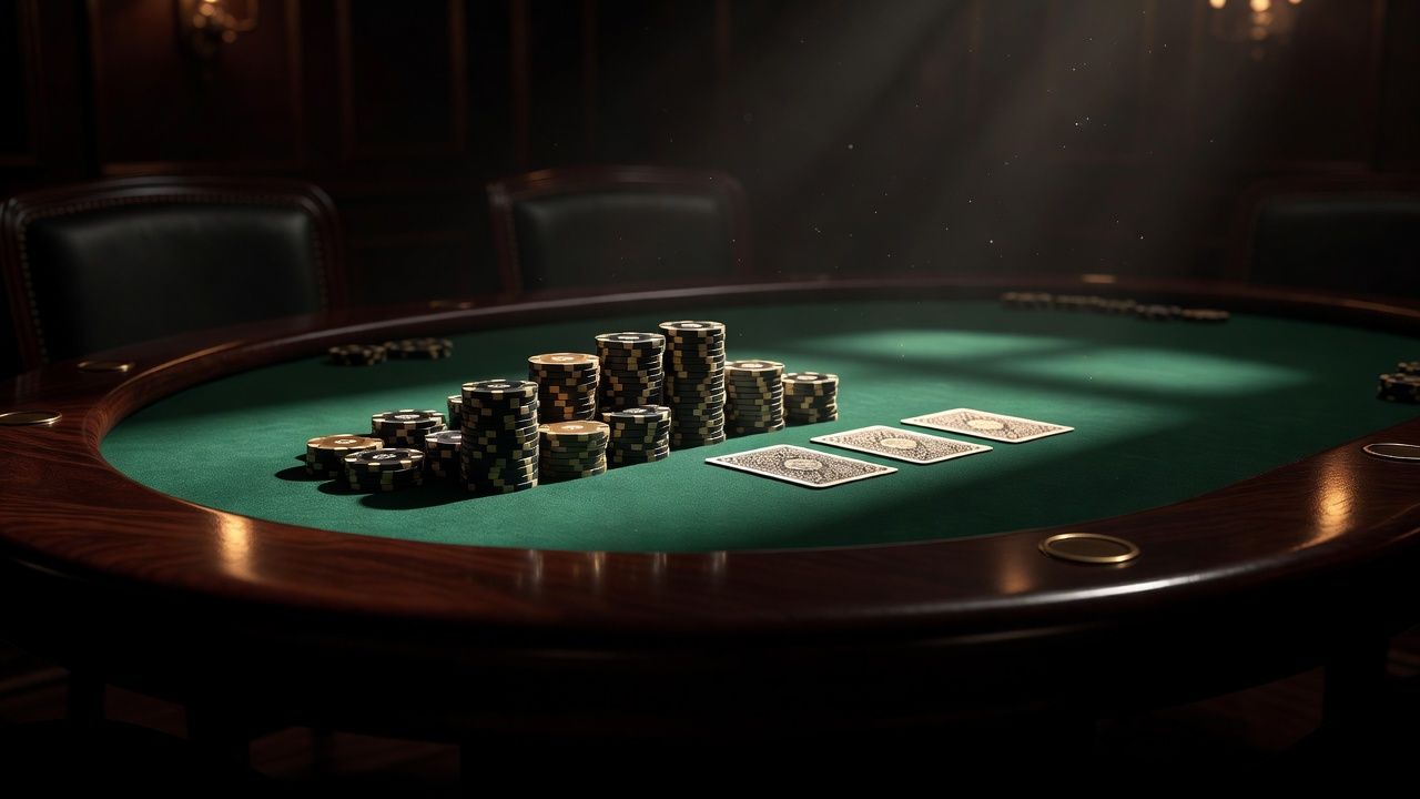 A luxurious high-stakes poker table made of dark polished mahogany under dramatic dim spotlighting. High-value casino chips are stacked neatly beside two face-down playing cards on fine green felt, conveying high tension and silent confidence. Cinematic lighting, ultra-realistic, sophisticated luxury mood, no text, no logos.