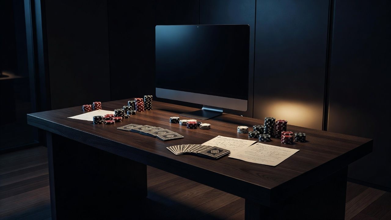 A sleek modern study room at night with a high-end computer screen illuminating a dark oak desk. On the desk sit premium poker chips, a deck of cards, and subtle strategic notes, symbolizing deep game analysis and strategic adaptation. Sophisticated ambient gold and dark blue lighting, realistic, cinematic poker luxury style, no text, no logos.