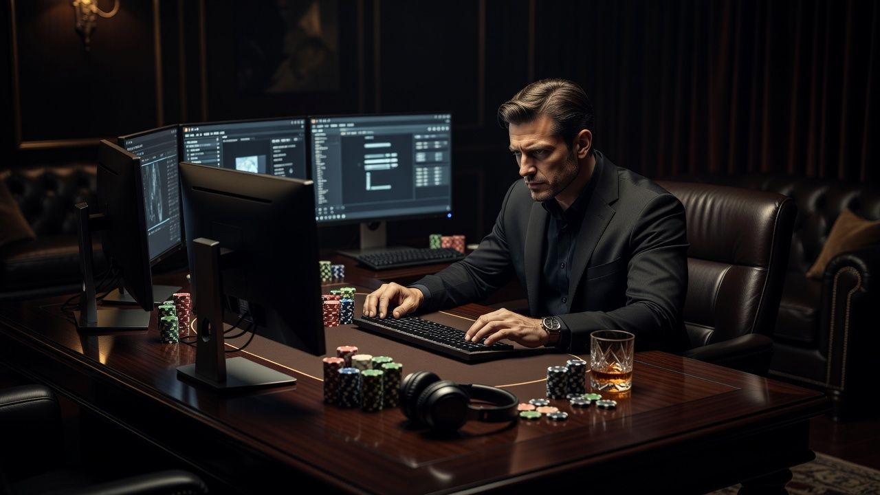 A cinematic high-angle close-up of a high-stakes <span class="glossary-term-inline" data-glossary-term="Online Poker" data-glossary-def="Il poker giocato su internet tramite siti o app.">online poker</span> setup in a dark luxury room, featuring a focused player at a dark wooden desk with multi-monitor display reflecting soft ambient lighting, high-end modern aesthetic, professional poker atmosphere, no text, no logos.