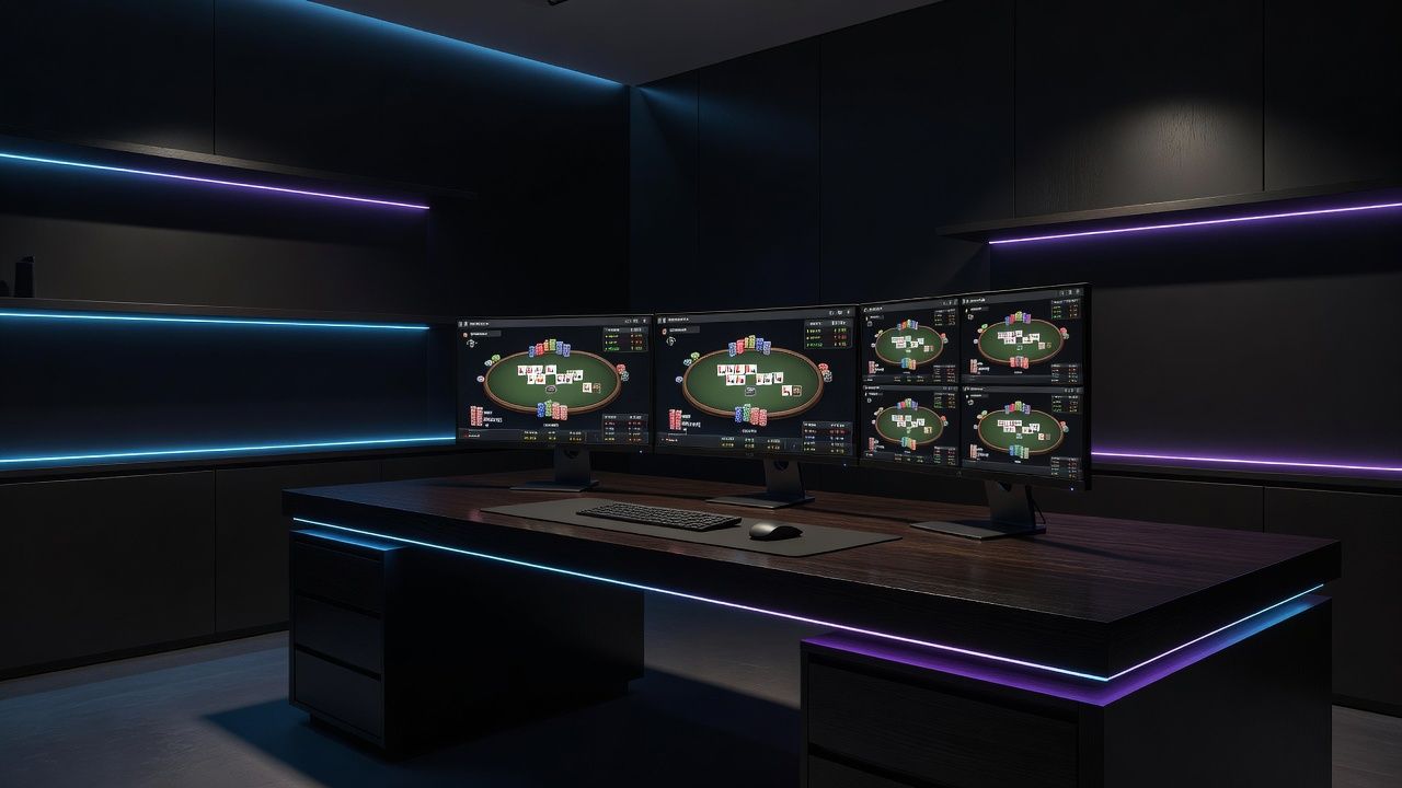 A sleek, sophisticated multi-screen workstation on an executive dark wood desk showing multiple <span class="glossary-term-inline" data-glossary-term="Online Poker" data-glossary-def="Il poker giocato su internet tramite siti o app.">online poker</span> tournament tables, elegant ambient neon lighting, luxury minimalist office design, moody dramatic atmosphere, no text, no logos.