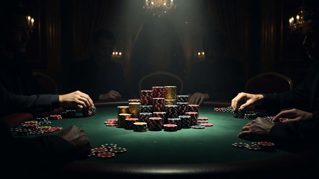 A sleek, high-stakes poker final table in a dark luxury setting with dramatic lighting, showcasing tall stacks of premium poker chips on dark green felt, moody elite casino atmosphere, no text or logos