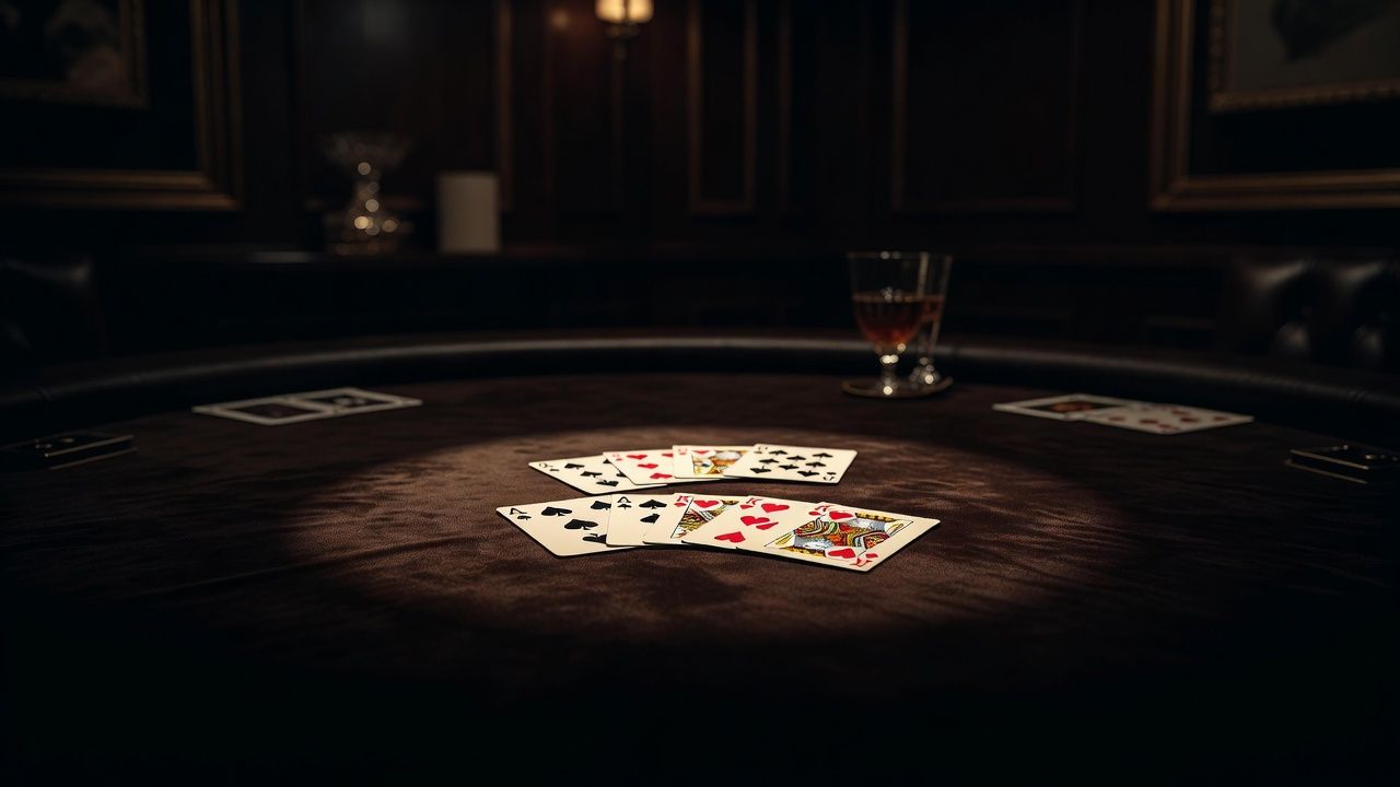 Detailed close-up of face-up playing cards resting on a dark velvet poker table under a warm spotlight, elegant high-end poker room ambiance, no text or logos