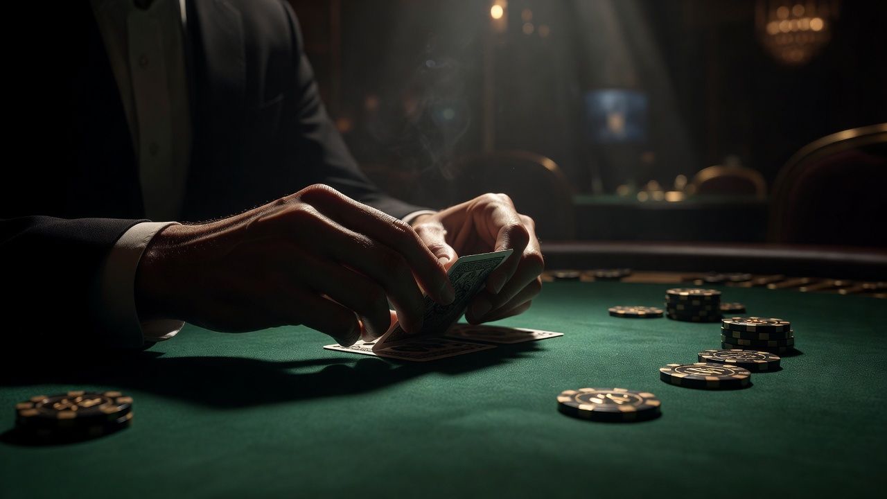 A close-up of a player's hands elegantly folding two cards on a premium green felt poker table, surrounded by a few high-value casino chips, cinematic lighting, dramatic shadows, luxurious casino atmosphere, no text or logos.