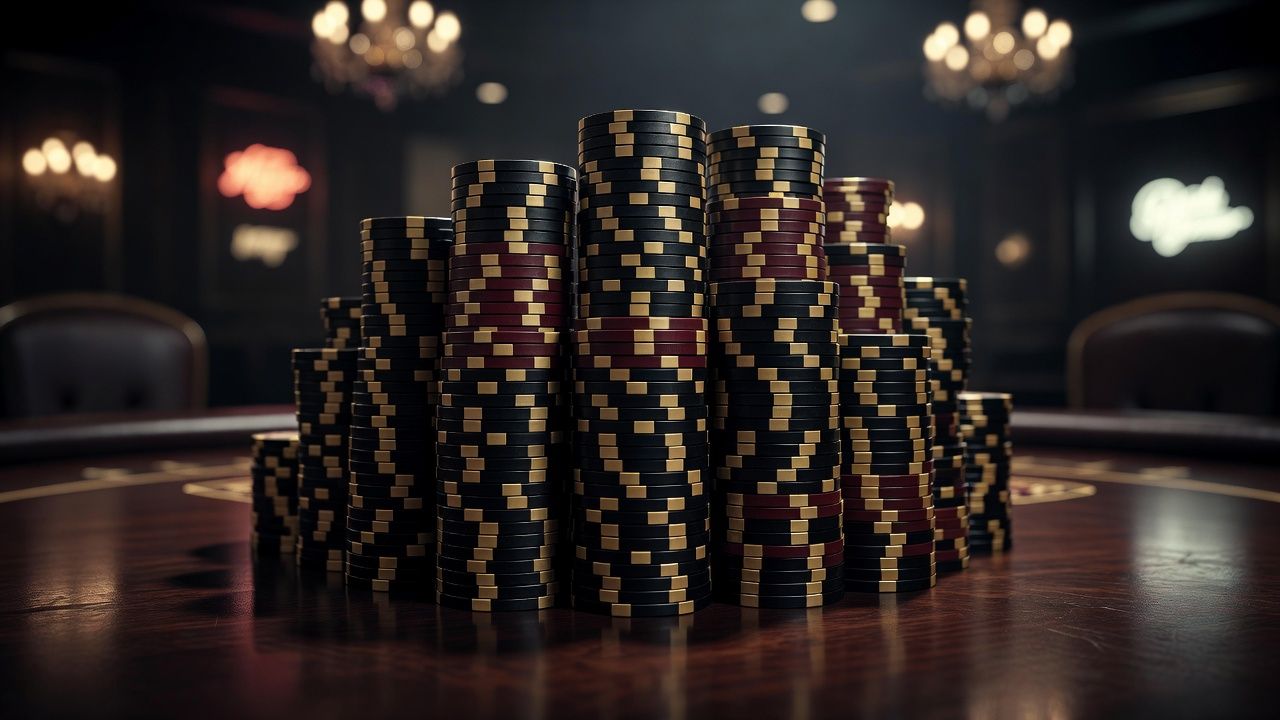 A massive, imposing stack of premium ceramic poker chips in the center of a luxurious casino table, soft glowing background lights, shallow depth of field, conveying power and success, cinematic and elegant, no text or logos.