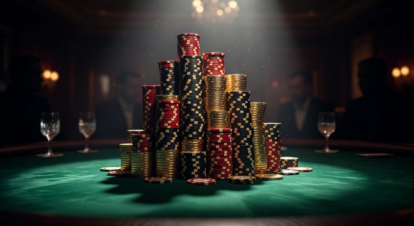 A massive, towering stack of high-denomination casino chips on a luxurious green felt poker table, dramatically lit from above with a blurred background of a high-stakes poker room, conveying power and aggression, cinematic lighting, no text or logos