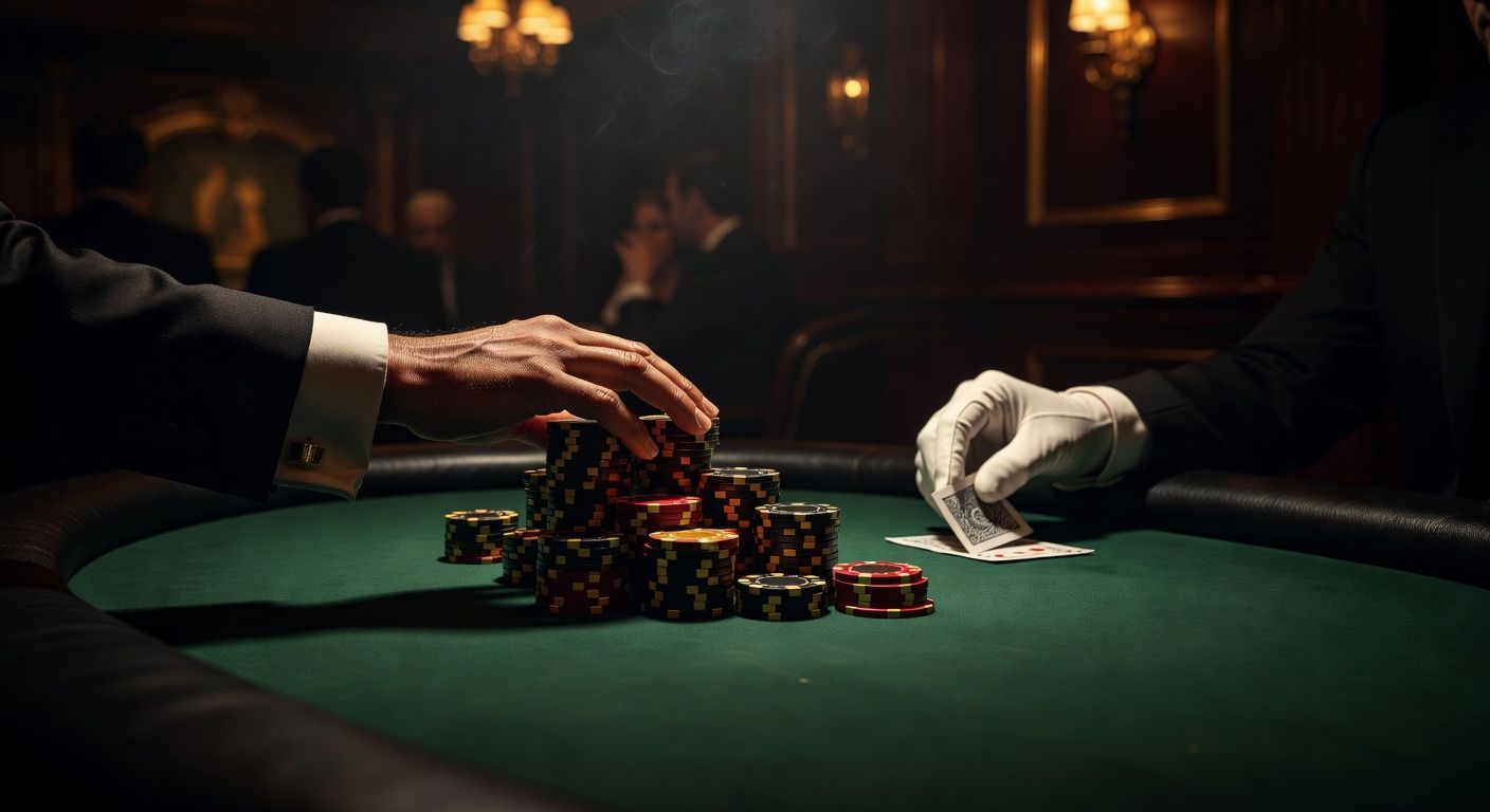 Close-up of a luxury poker table with premium clay chips being pushed forward for a bet, a dealer revealing the turn card on the green felt, dramatic casino lighting, high-end atmosphere, no text, no logos.