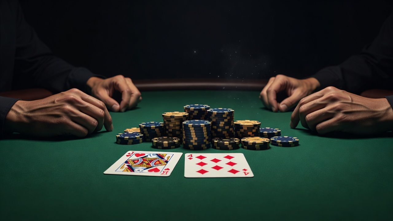 Cinematic shot of a high-stakes poker showdown on a green felt table under elegant studio lighting. Playing cards showing a Queen of Hearts and Four of Diamonds next to high-value ceramic chips, capturing the intense dynamic of a professional high-roller tournament. Sleek aesthetic, deep dark background, no text or logos.