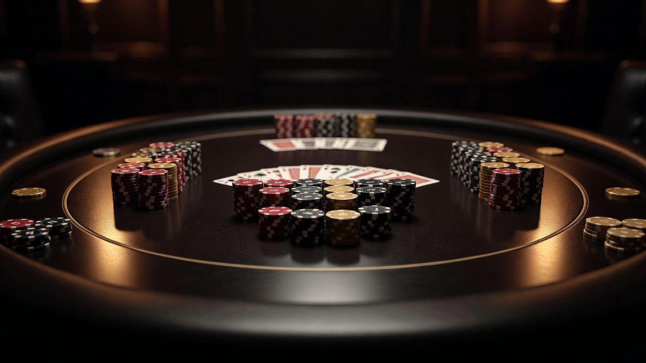 A sleek, focused overhead perspective of a luxury poker table setup with organized chip stacks, pristine playing cards face down, and subtle warm ambient lighting. Professional high-stakes poker atmosphere with high contrast, depth of field, no text or logos.