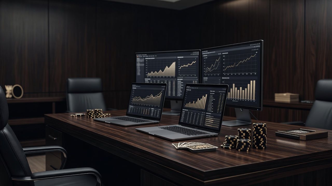 A sleek, modern home office setup with dark wood aesthetics and moody ambient lighting, featuring high-end laptops and monitors displaying clean analytical setups, symbolizing business discipline and dual-career focus. Premium poker luxury style, cinematic depth of field, no text, no logos.