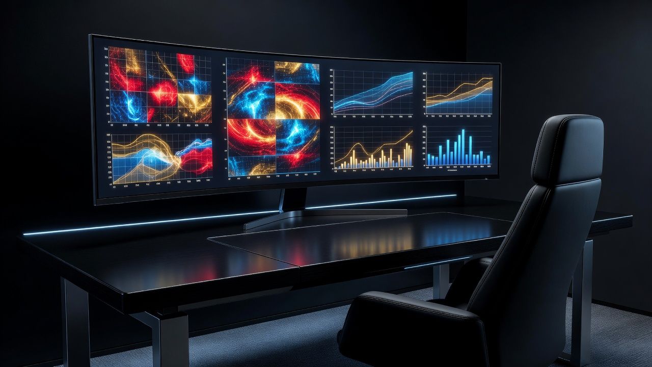 A close-up of a luxury dark workstation displaying colorful abstract game-theory strategy matrices and glowing poker solver analytics on a high-resolution curved monitor. Elegant, professional atmosphere with subtle blue backlighting, cinematic quality, no text or logos.