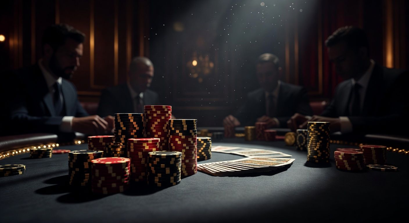 A luxurious high-stakes poker table viewed from a dramatic angle, featuring massive stacks of premium casino chips and elegant playing cards under moody, cinematic lighting. The atmosphere is tense and elite, with blurred silhouettes of professional players in the background. No text or logos.