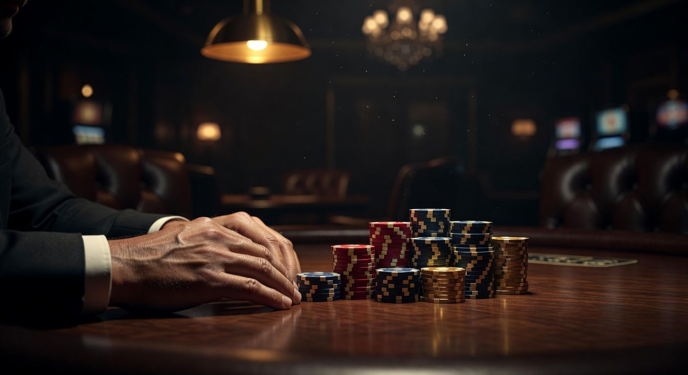 A close-up of a poker player's hands resting on a mahogany table next to a neat stack of high-value chips, conveying deep focus and strategic calm. The setting is a luxury casino room with warm, sophisticated lighting. No text or logos.