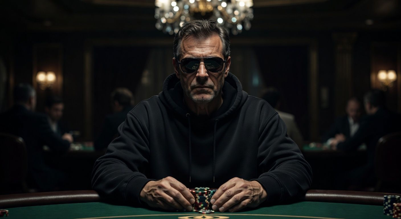 A cinematic close-up of a professional poker player at a luxurious casino table, wearing sunglasses and a hoodie, maintaining a stoic poker face while subtly holding high-value casino chips. Dramatic, moody lighting, blurred background, high-end luxury atmosphere, no text or logos.