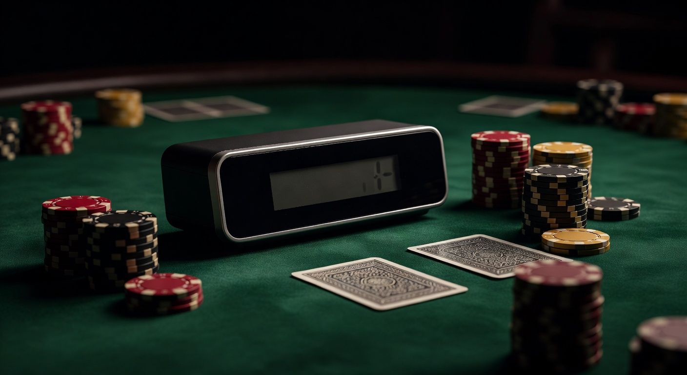 A sleek, modern digital chess clock placed on a premium green felt poker table, surrounded by stacks of high-denomination luxury poker chips and two face-down playing cards. Cinematic lighting, tense and dramatic atmosphere, shallow depth of field, no text or logos.