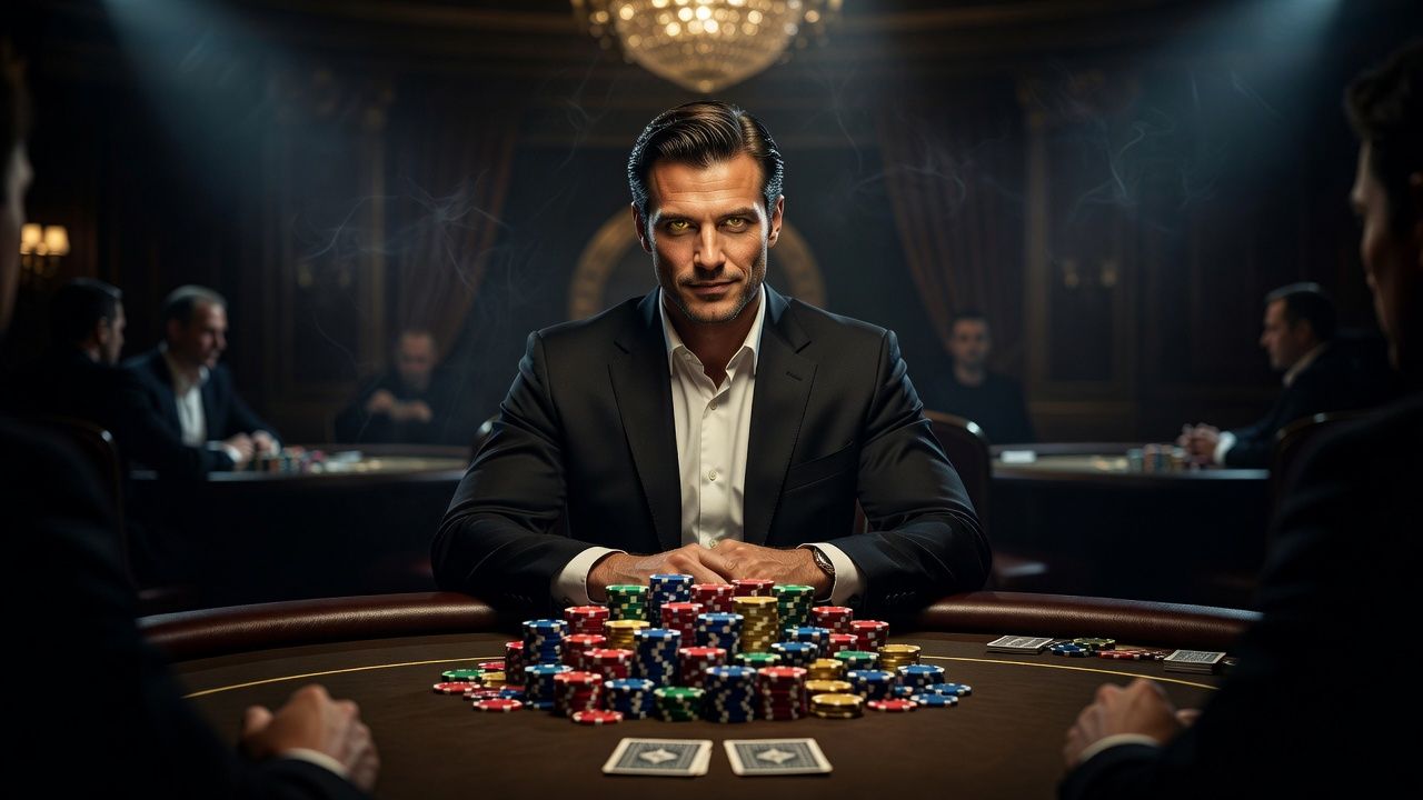 A confident professional poker player sitting at a high-stakes luxury poker table, staring intently across at an opponent. A massive pot of colorful casino chips sits on the dark green felt alongside two face-down playing cards, with dramatic atmospheric lighting highlighting the psychological dynamic. High quality, dark moody aesthetic, cinematic depth of field, no text or logos.