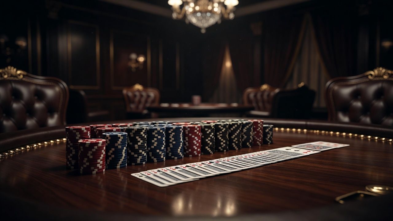 A close-up high-angle shot of a luxurious poker table featuring neatly arranged stacks of high-value casino chips and playing cards, <span class="glossary-term-inline" data-glossary-term="Set" data-glossary-def="Tris fatto con una coppia in mano e una carta sul board. Molto forte e ben nascosto.">set</span> against a softly blurred background of an exclusive VIP cardroom. Symbolizing strategic study and bankroll control. Photorealistic, luxury gaming aesthetic, warm elegant lighting, no text or logos.