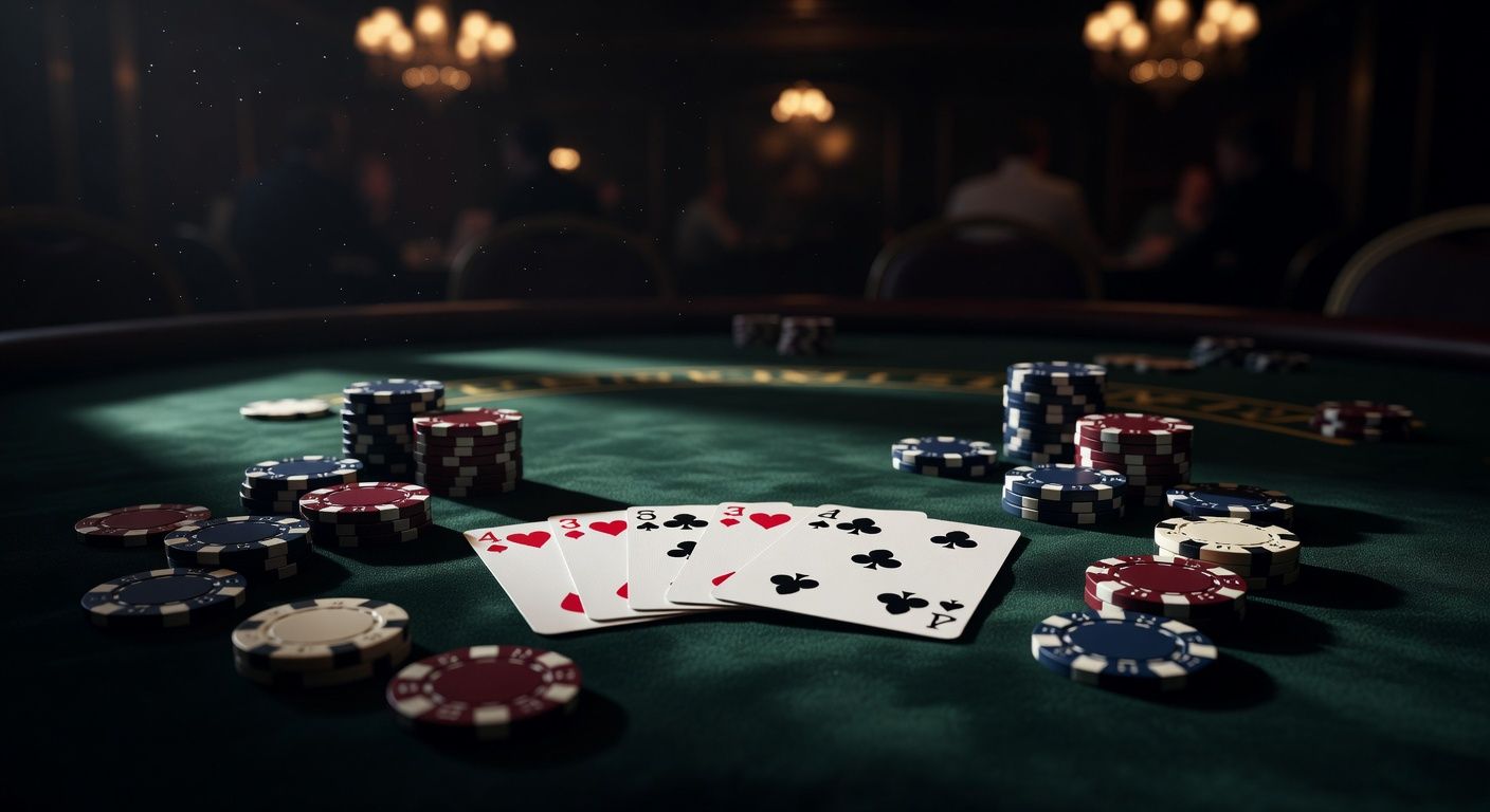 A close-up of four playing cards resting on a luxurious dark green felt poker table, surrounded by high-end ceramic poker chips, dramatic cinematic lighting, elegant casino atmosphere, no text or logos.