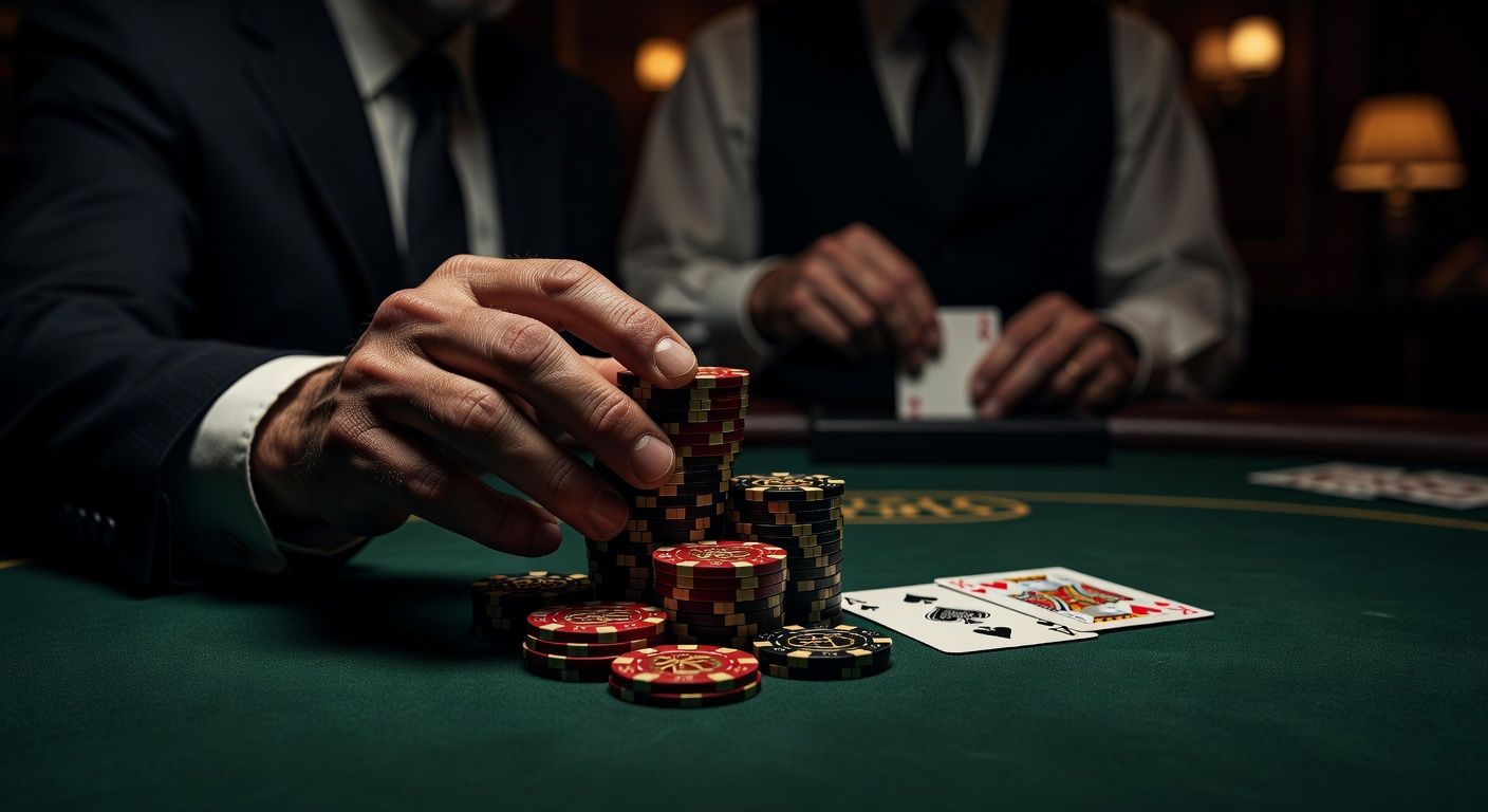 A professional poker player's hands neatly stacking premium casino chips next to two <span class="glossary-term-inline" data-glossary-term="Hole Cards" data-glossary-def="Le tue due carte coperte.">hole cards</span>, soft focused background with a dealer, luxurious and tense casino ambiance, cinematic lighting, no text or logos.