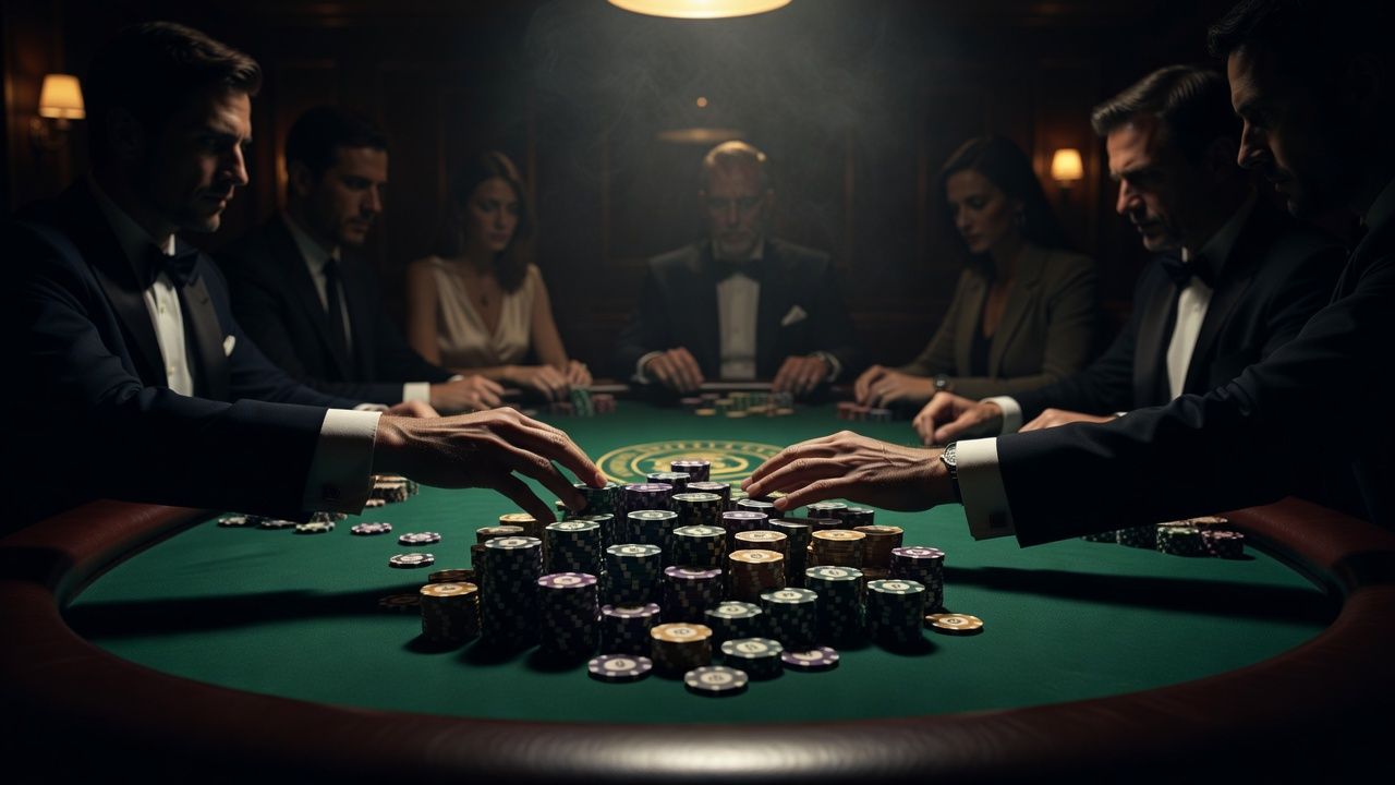 A luxurious high-stakes poker table in a dimly lit exclusive casino room, massive stacks of high-denomination casino chips being pushed into the pot, dramatic cinematic lighting, rich green felt, blurred silhouettes of professional players in the background, no text, no logos.