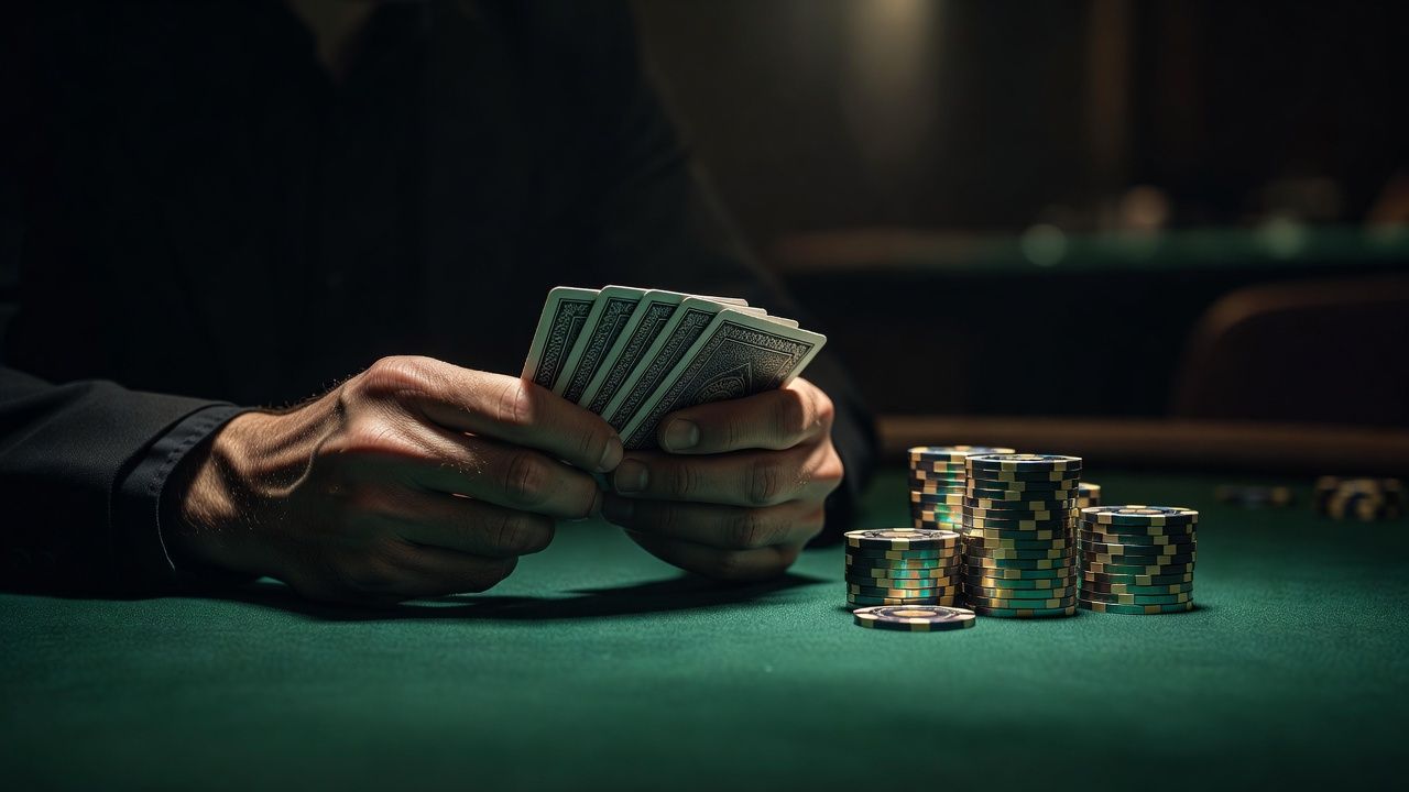 A close-up of a poker player's hands holding four playing cards over a pristine green casino table, a neat stack of luxury poker chips nearby, intense and focused atmosphere, dark moody lighting, high-end casino aesthetic, no text, no logos.