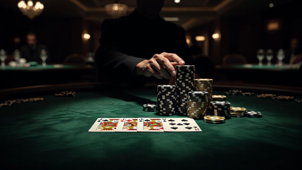 A dramatic close-up of a high-stakes poker table with rich green felt. In the center, <span class="glossary-term-inline" data-glossary-term="Community Cards" data-glossary-def="Le carte comuni sul tavolo.">community cards</span> showing three Jacks and two Fives, illuminated by cinematic overhead lighting. Next to the cards, a massive, towering stack of premium casino chips is being pushed forward. The atmosphere is tense and luxurious, with deep shadows and a softly blurred background of a high-end casino floor. No text or logos.