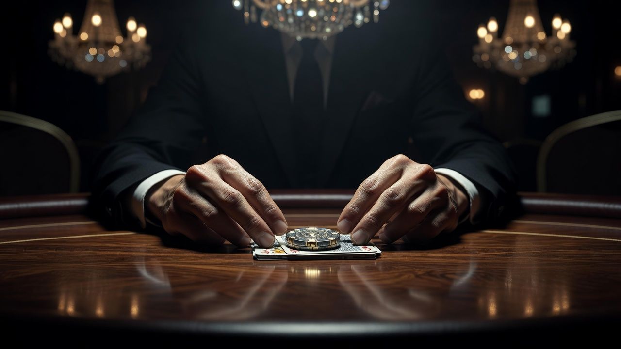 A moody, elegant shot of a single poker player's hands resting on a luxurious mahogany poker table, holding two face-down cards. A single high-value chip rests on the cards. The lighting is low and dramatic, emphasizing the psychological tension and focus of the game. In the softly blurred background, opulent casino chandeliers glow warmly. No text or logos.