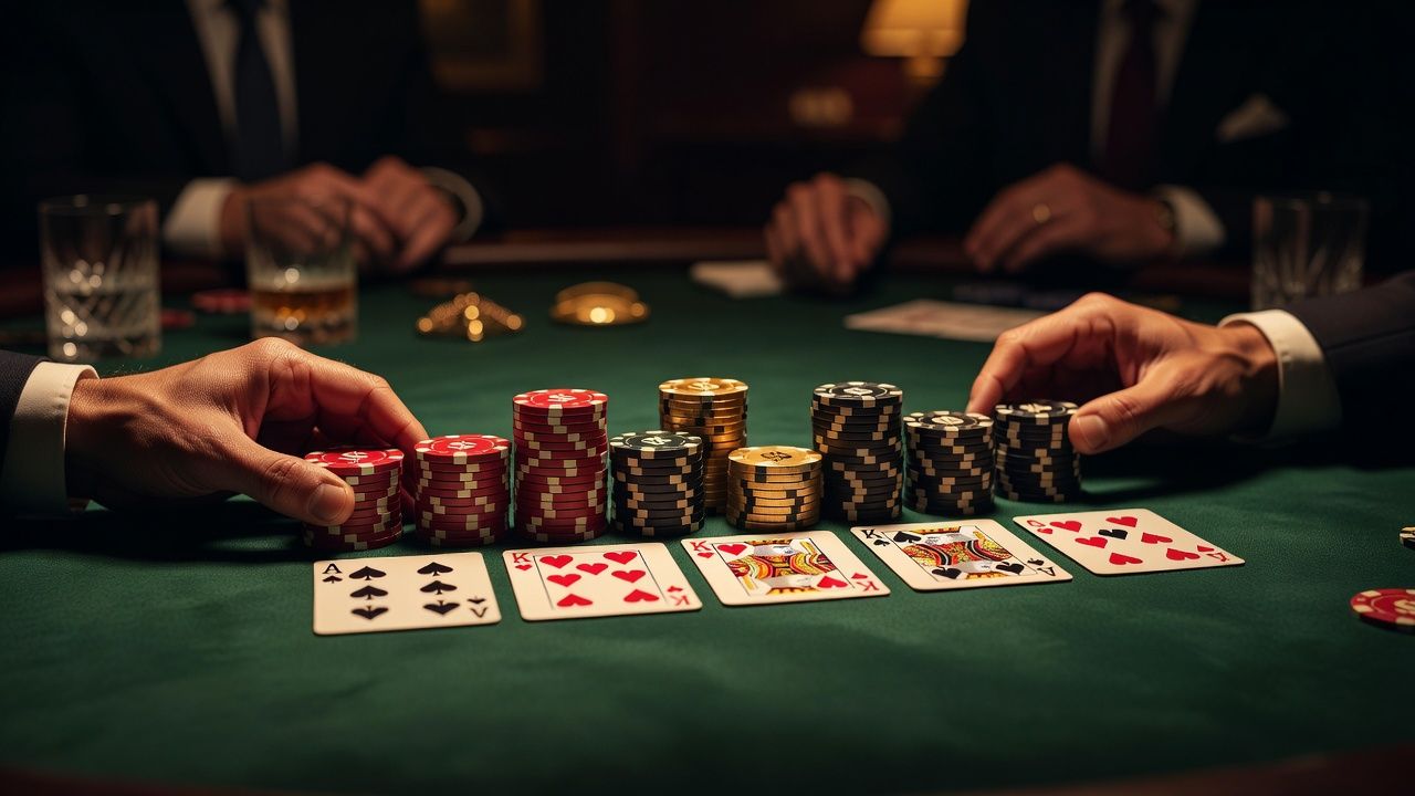 Cinematic close-up of a luxury poker table with dark green felt, where a player's hands are strategically stacking high-denomination casino chips next to four <span class="glossary-term-inline" data-glossary-term="Community Cards" data-glossary-def="Le carte comuni sul tavolo.">community cards</span>, warm spotlighting, elegant high-stakes atmosphere, photorealistic, no text or logos.