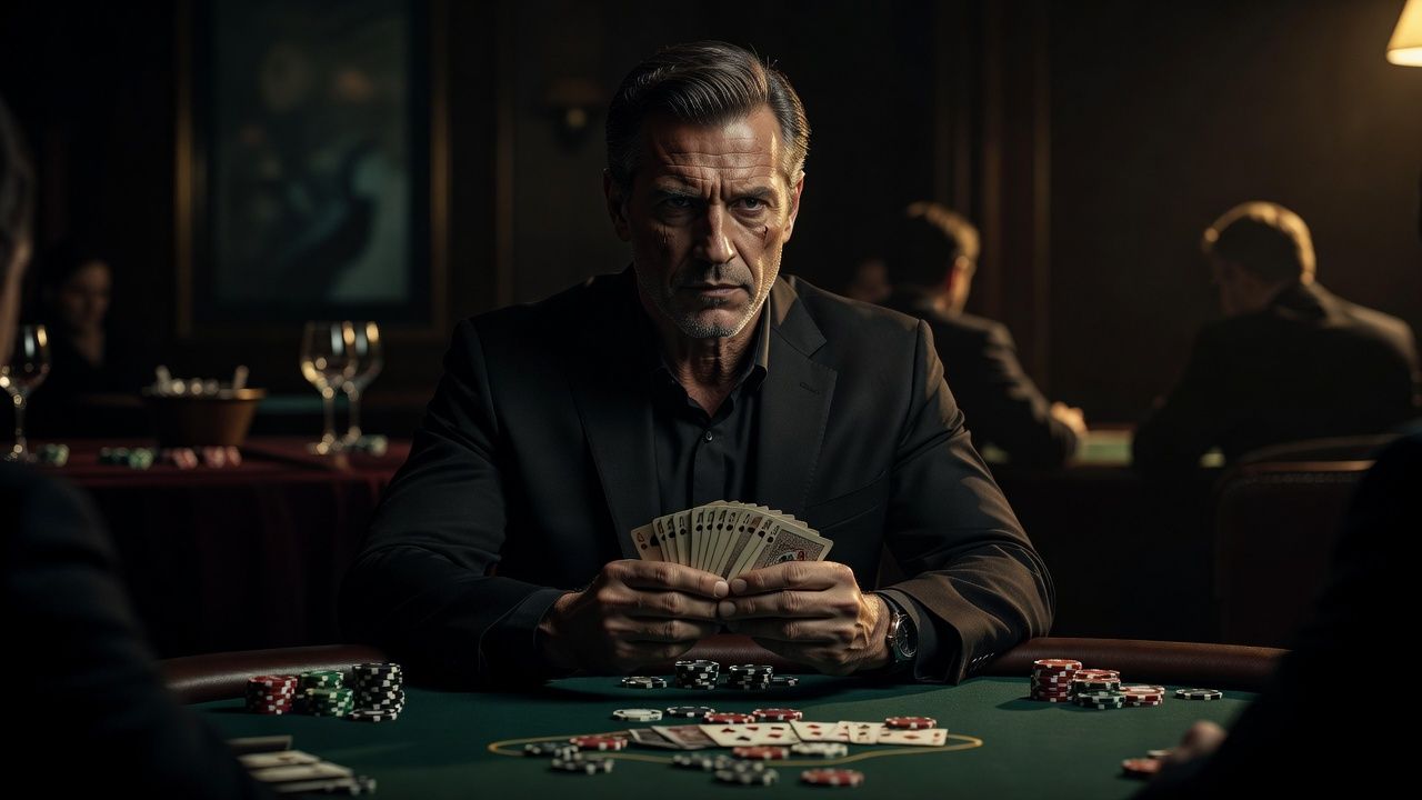 A professional poker player sitting at an exclusive casino table, thoughtfully contemplating their next strategic move with dramatic side lighting, focused expression with cards in hand, mood of intense strategy and control, hyper-realistic, no text or logos.