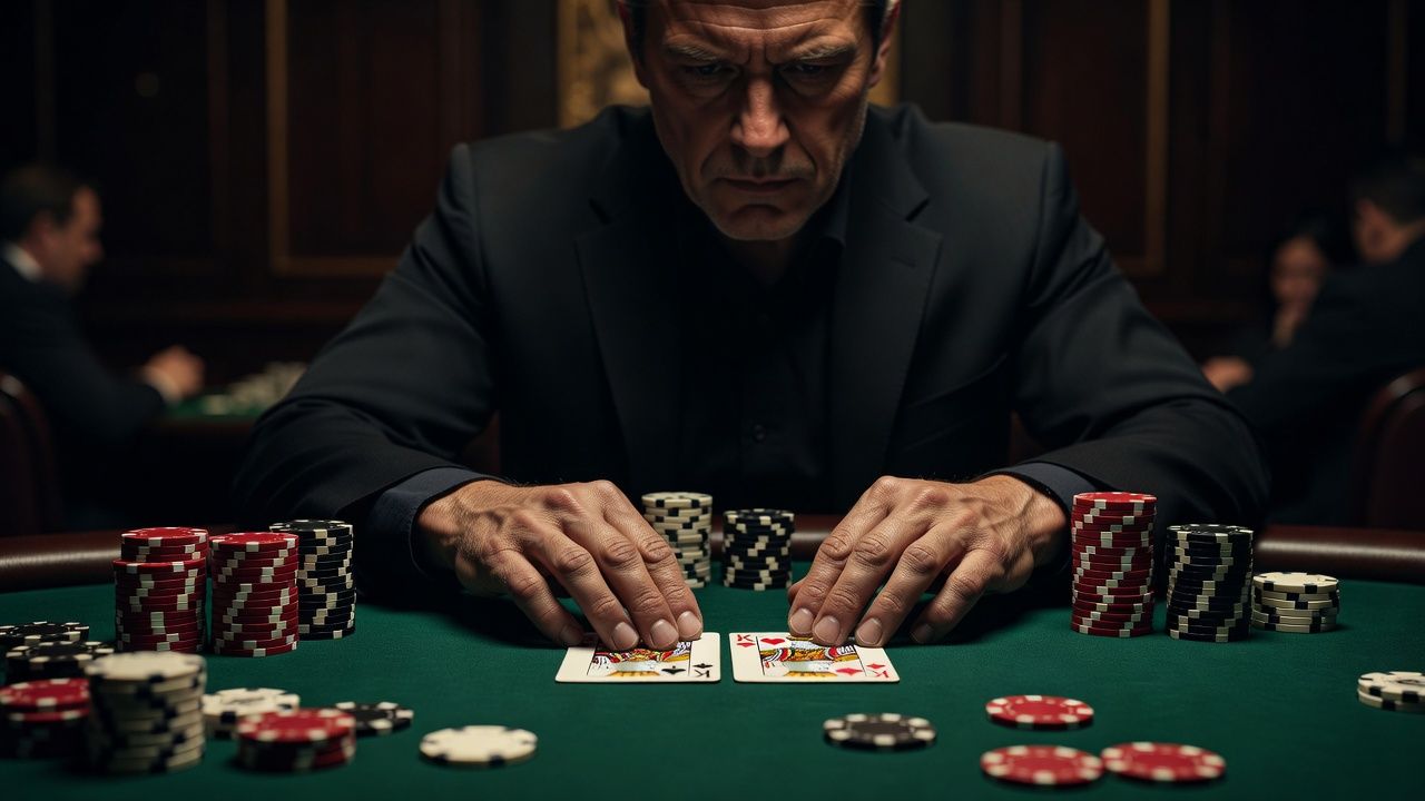 A close-up of a professional poker player's hands at a luxury high-stakes table, staring down at pocket Kings on the felt while under intense focus, surrounded by dark ambient lighting and neatly stacked high-value chips.