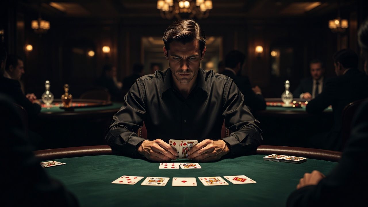 An elegant, cinematic shot of a player folding high-card poker cards towards the dealer on a premium dark green felt table, highlighting discipline and focus in a high-class casino setting.