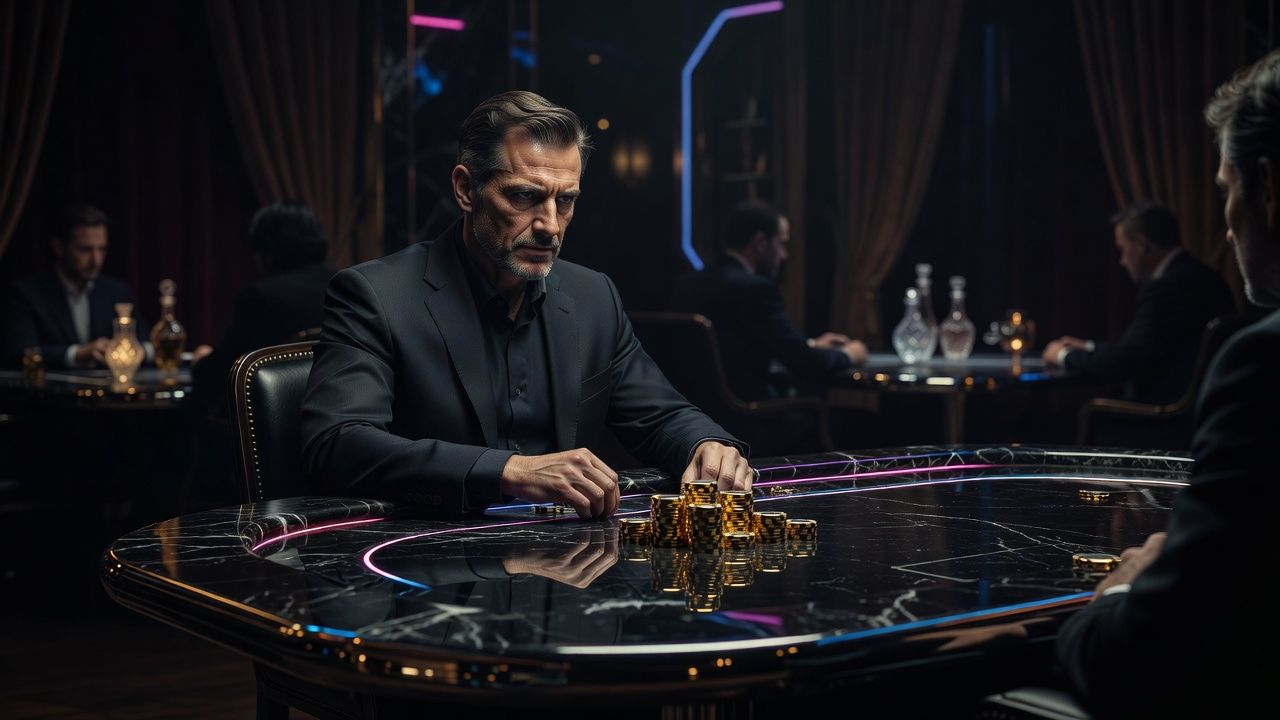 A focused professional poker player sitting in deep concentration at a sleek high-stakes poker table, dark moody ambient lighting with subtle neon highlights, a small stack of golden chips in the foreground, cinematic luxury aesthetic, high detail, no text or logos.