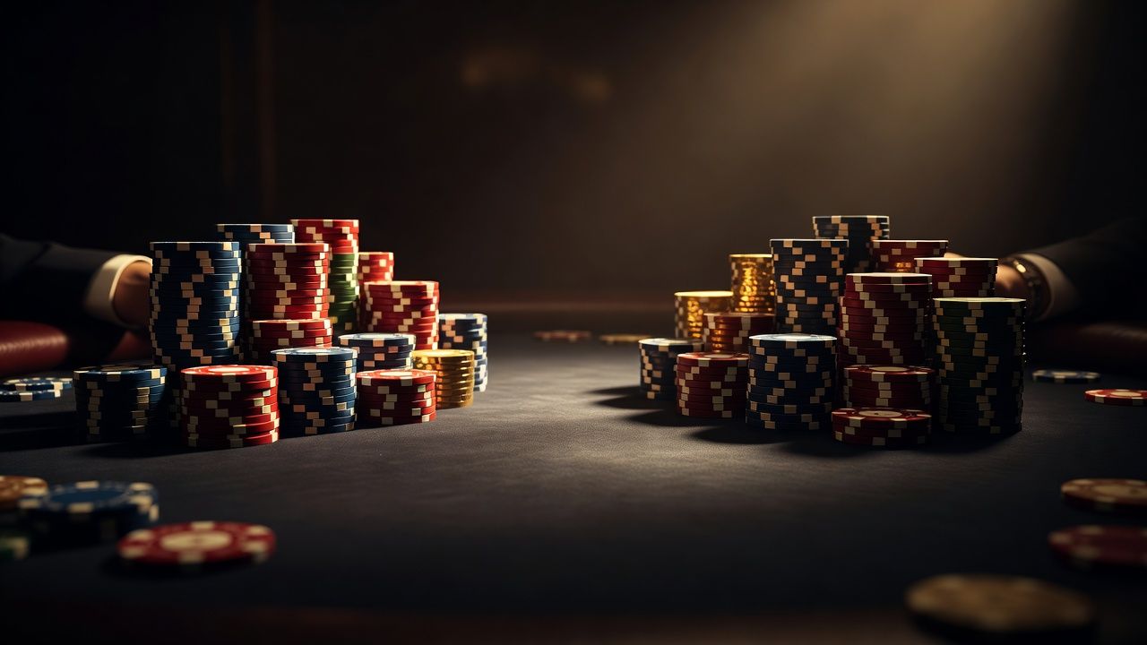 A dramatic close-up of a heads-up poker <span class="glossary-term-inline" data-glossary-term="Showdown" data-glossary-def="Quando si girano le carte alla fine dell'ultimo giro di puntate per vedere chi vince.">showdown</span> on dark felt, showing two massive opposing stacks of high-value casino chips under warm atmospheric spotlights, intense and elegant high-stakes atmosphere, no text or logos.