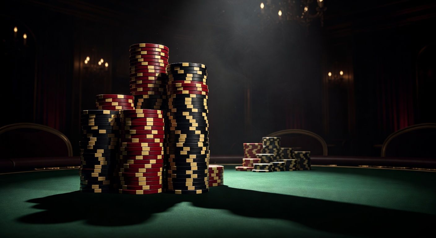 A dramatic, cinematic shot of a poker table from a low angle. A massive, towering stack of premium ceramic poker chips dominates the foreground, casting a long shadow over a smaller, modest pile of chips in the background. Moody, high-contrast lighting, dark background, luxurious casino atmosphere, no text, no logos.