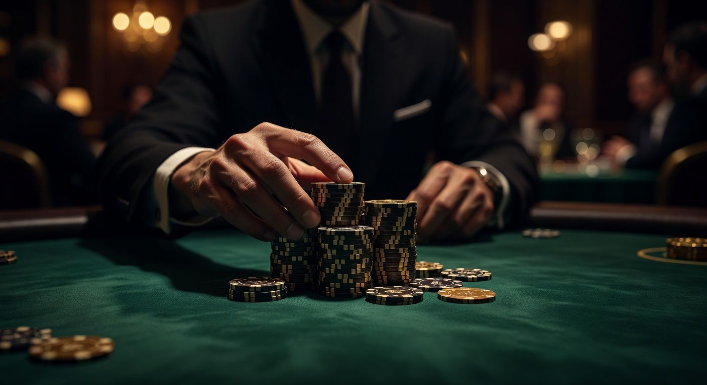 A close-up of a player's hands confidently pushing a stack of high-value chips forward on a rich green felt table, signaling an <span class="glossary-term-inline" data-glossary-term="All-in" data-glossary-def="Mettere tutte le fiches nel piatto.">all-in</span> move. Elegant lighting, blurred background with subtle casino bokeh, luxury poker setting, intense and strategic mood, no text, no logos.
