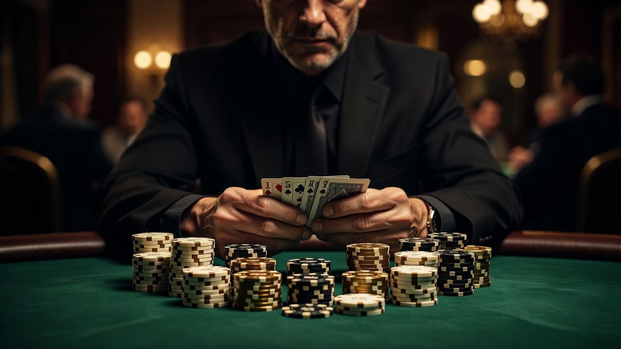 Cinematic close-up of a professional poker player at a high-stakes table holding four playing cards face down, with stacks of luxurious poker chips on deep green felt, warm elegant lighting, no text, no logos.