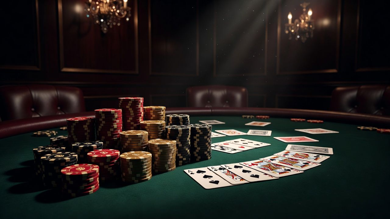 High-angle view of a luxury poker table featuring neatly stacked high-denomination casino chips and playing cards spread on a dark green felt, moody ambient lighting, sophisticated poker room atmosphere, no text, no logos.