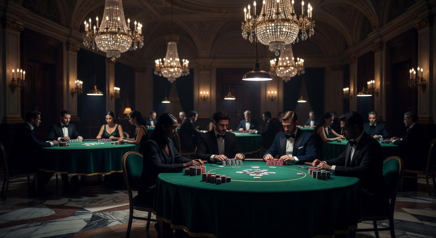 A luxurious poker tournament room in a grand European setting, featuring elegant chandeliers, numerous poker tables with premium green felt, neat stacks of high-denomination chips, and a blurred background of focused players. Cinematic lighting, high-end casino atmosphere, no text or logos.