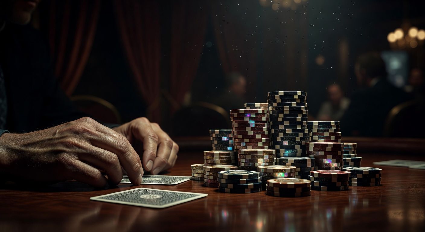 A dramatic close-up of a poker player's hands resting on a mahogany table next to a massive stack of premium casino chips and two face-down cards. Moody, low-key lighting highlighting the tension and psychological focus of the game, luxury casino environment, no text or logos.