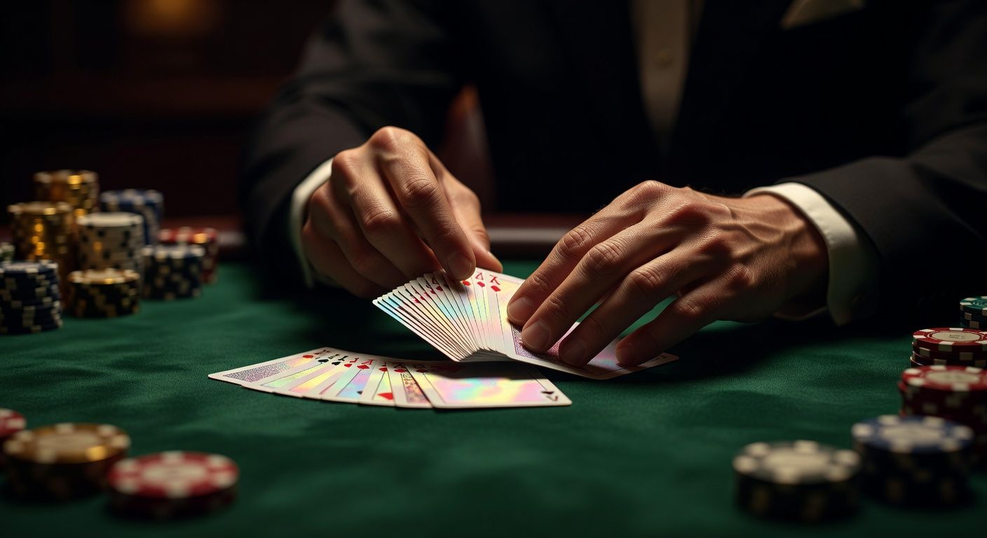 A cinematic, luxury close-up of a professional poker dealer's hands elegantly shuffling a deck of premium playing cards on a rich green felt table, surrounded by blurred stacks of high-denomination casino chips under warm, dramatic lighting. No text, no logos.