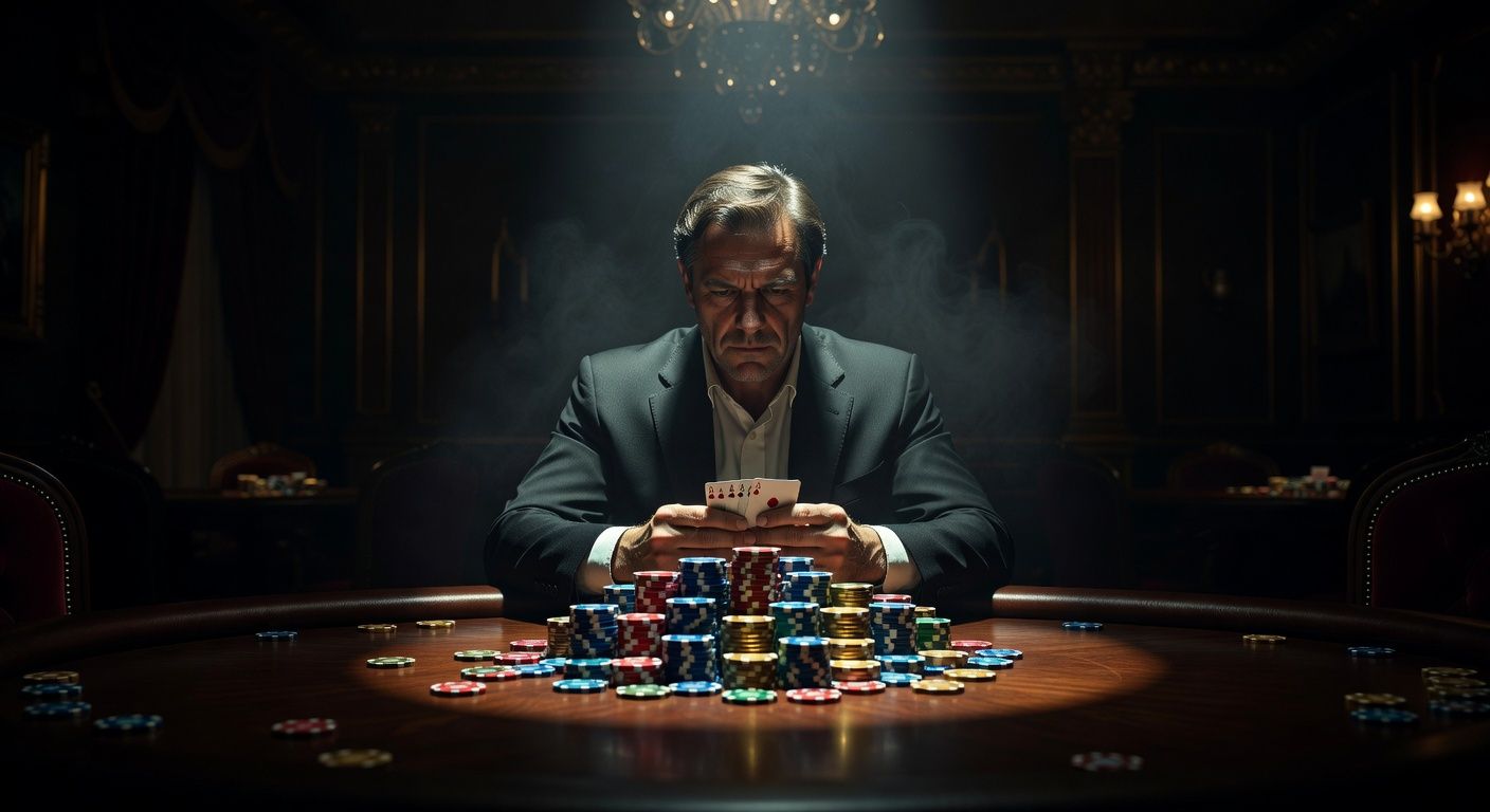 A dramatic, high-contrast shot of a solitary, focused poker player in a dimly lit, luxurious casino room, staring intensely at their <span class="glossary-term-inline" data-glossary-term="Hole Cards" data-glossary-def="Le tue due carte coperte.">hole cards</span>. A single spotlight illuminates the cards and a massive stack of shiny poker chips in the center of the table, conveying tension and <span class="glossary-term-inline" data-glossary-term="High Stakes" data-glossary-def="I livelli alti, dove giocano i veri professionisti e girano cifre importanti.">high stakes</span>. No text, no logos.