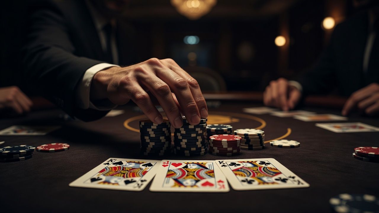A close-up shot of a high-stakes poker table with dark felt. A player gently sliding a small, precise stack of ceramic chips onto the board where three <span class="glossary-term-inline" data-glossary-term="Suited" data-glossary-def="Due carte dello stesso seme.">suited</span> cards are dealt. Elegant casino lighting, moody atmosphere, cinematic depth of field, no text or logos.