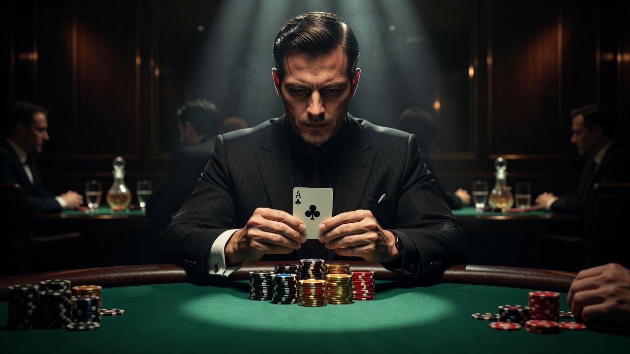 A luxury poker scene focusing on a professional player carefully holding the Ace of Clubs over the green felt. Dim, dramatic spot lighting highlighting the sleek design of the cards and glossy poker chips, high-end atmosphere, cinematic composition, no text or logos.